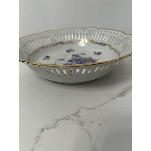 Schwartzhammer Germany Vtg Bavarian Porcelain Bowl Reticulated Lattice Violets - Picture 4 of 8